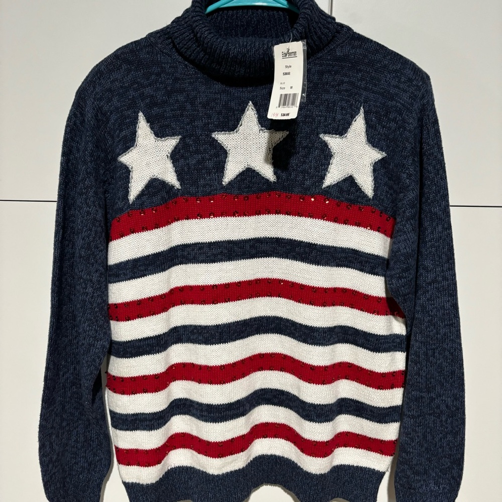 NWT Vintage Womens Sweater Patriotic Flag Medium Blue Red Stars Stripes USA